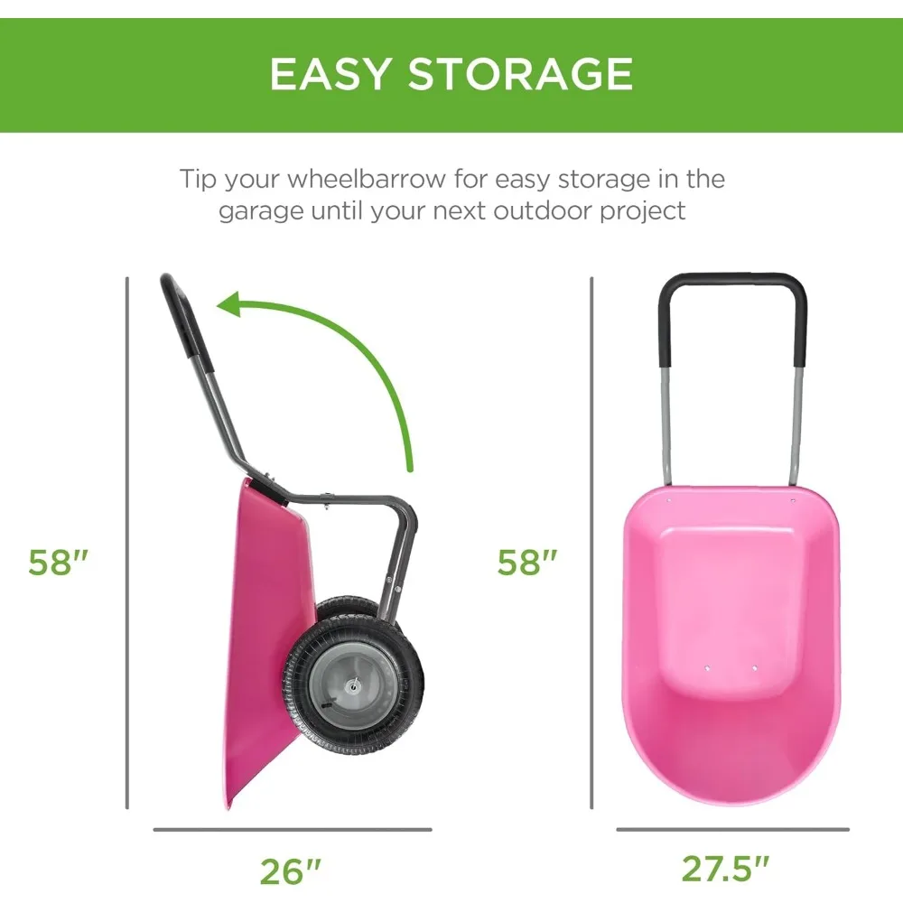 Pink wheelbarrow in use