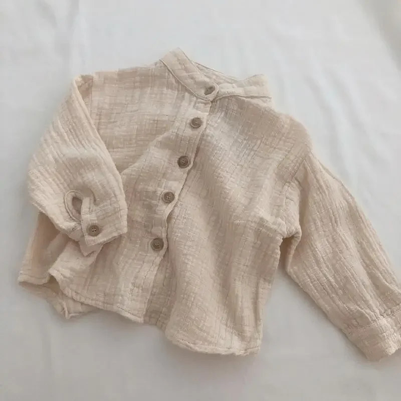 Spring  Autumn New Korean Children's Cotton and Linen Standing Neck Shirt Long Sleeved Loose Cotton Linen Shirt Top Long Sleeved 3