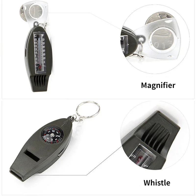 Multifunctional 4 In1 Compass, Thermometer, Whistle, Magnifier, EDC Tools for Traveling Camping Hiking Gear