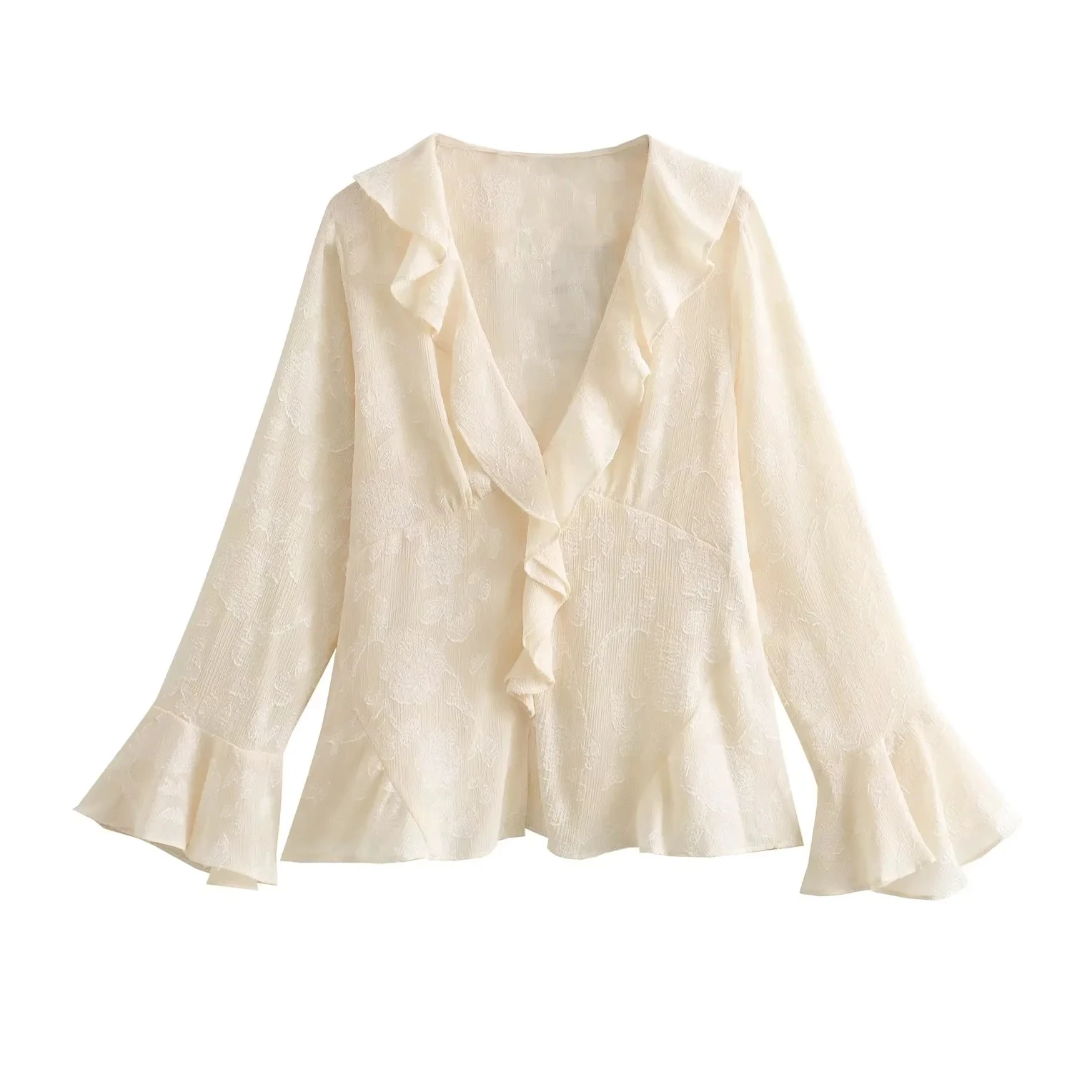 

Женская жаккардовая рубашка с оборками, V-образным вырезом и длинным рукавом