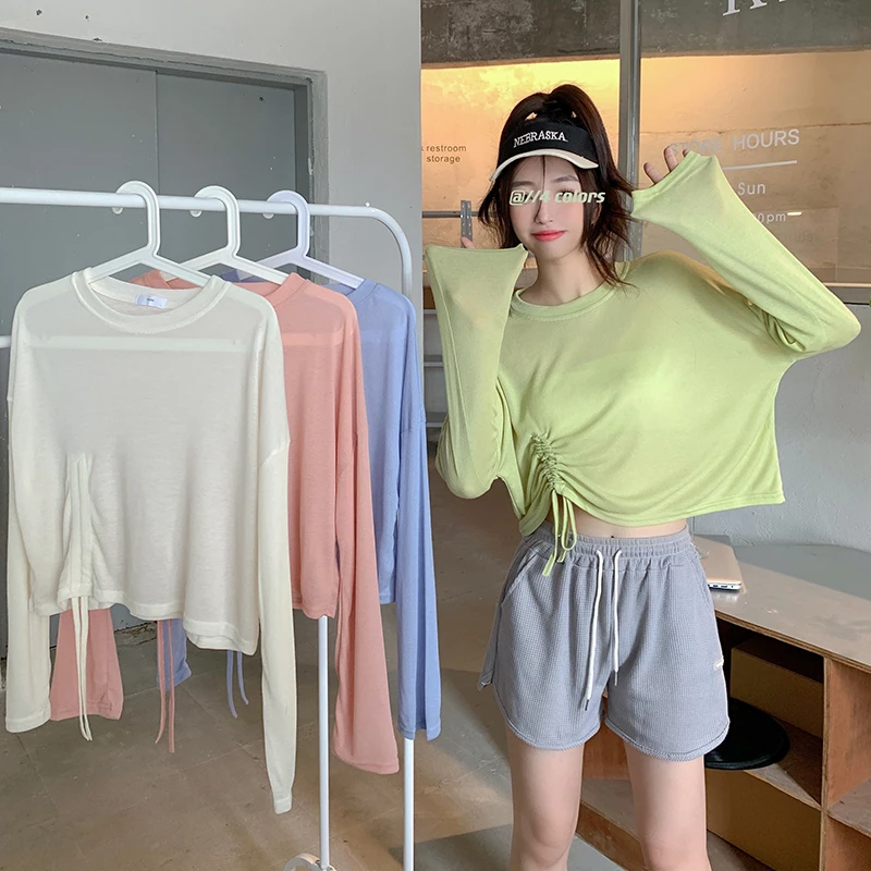 

Женская футболка, Новинка лета 2022, Корейская Повседневная однотонная тонкая Солнцезащитная рубашка с длинным рукавом и завязкой, круглым вырезом, блузка, Топ