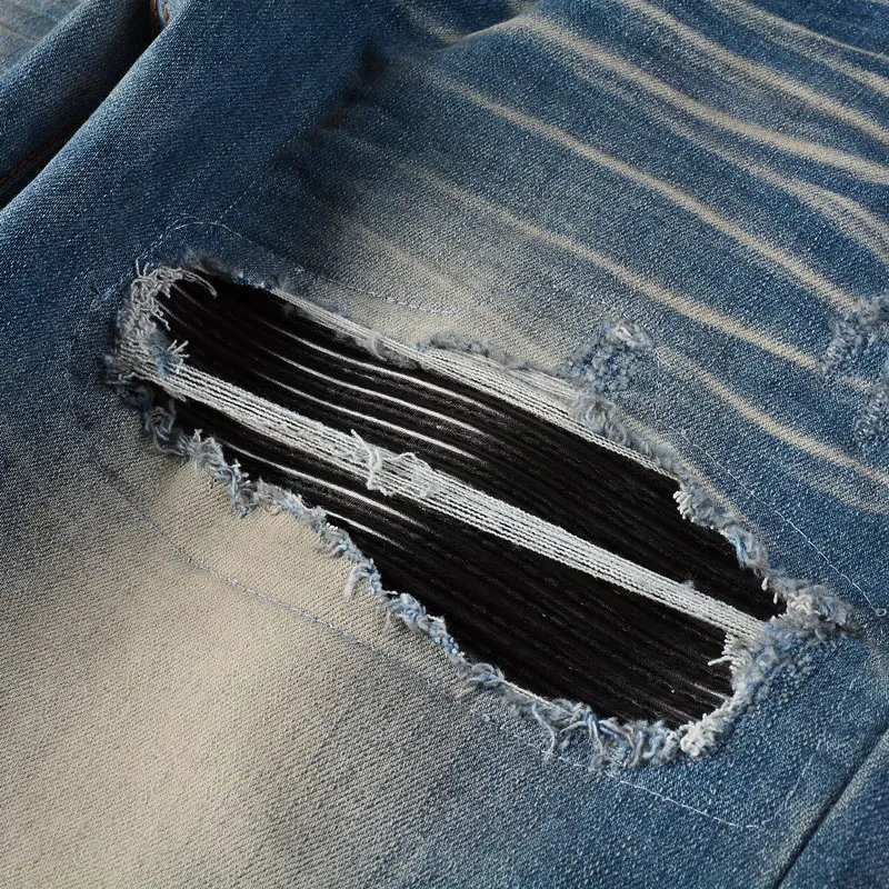 Streetwear Fashion Men Jeans Retro Washed Blue Stretch Skinny Fit Ripped Jeans Men Leather Patched Designer Hip Hop Brand Pants
