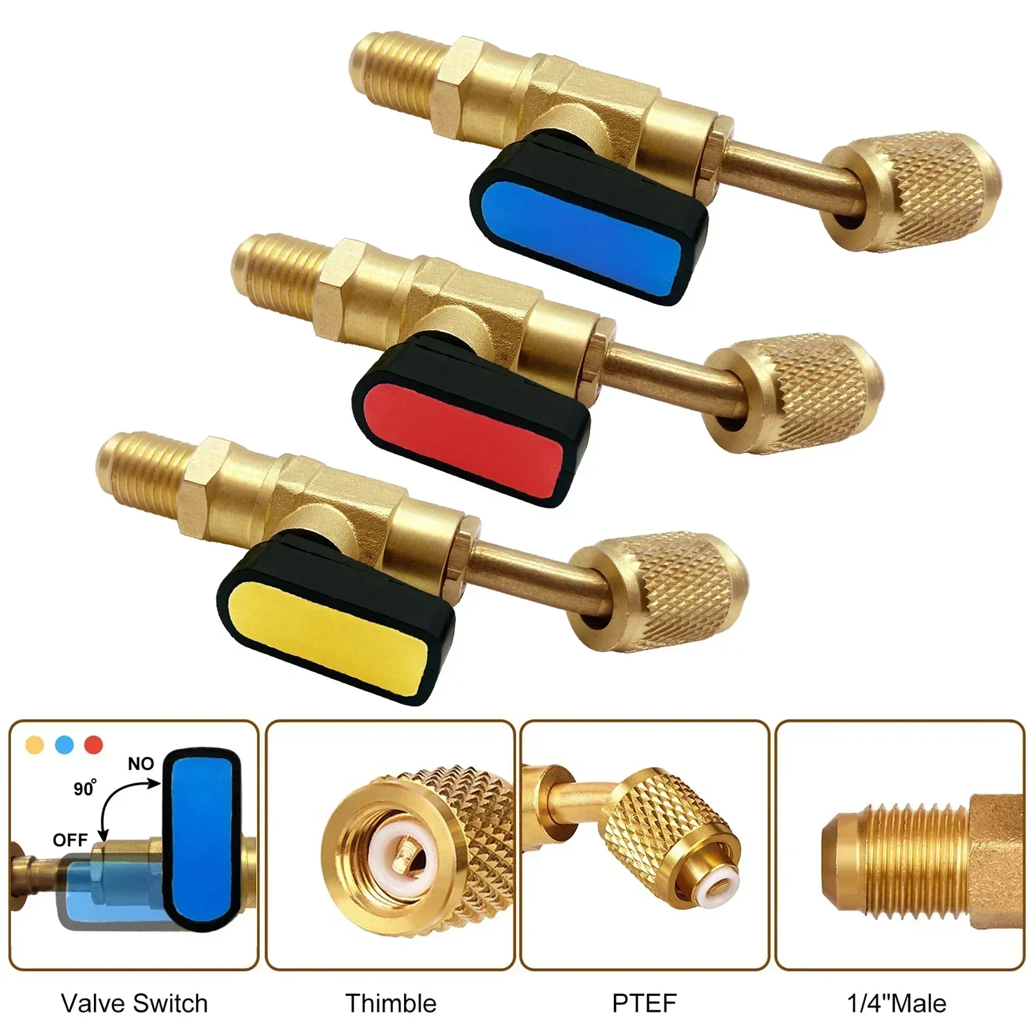 Air Conditioning Refrigerant Ball Valve 1/4" SAE Straight Shut-Off Valve for R134A R410A R22 R12 Charging Hoses AC Refrigerant