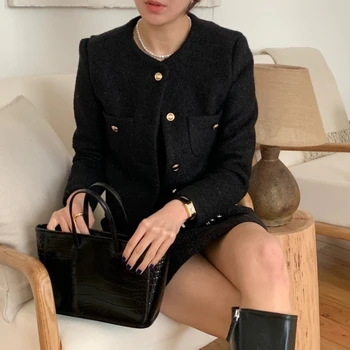 معطف نسائي لخريف وشتاء فرنسي عتيق لعام 2025 معطف كوري عالي الجودة غير رسمي بصدر واحد سترات تويد ضيقة 2