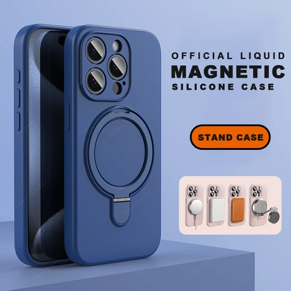 Liduid Silicone Magnetic Stand Phone Case For iPhone 15 14 16 Plus 11 12 13 16 Pro Max Magsafe Charge Protector Soft Cover