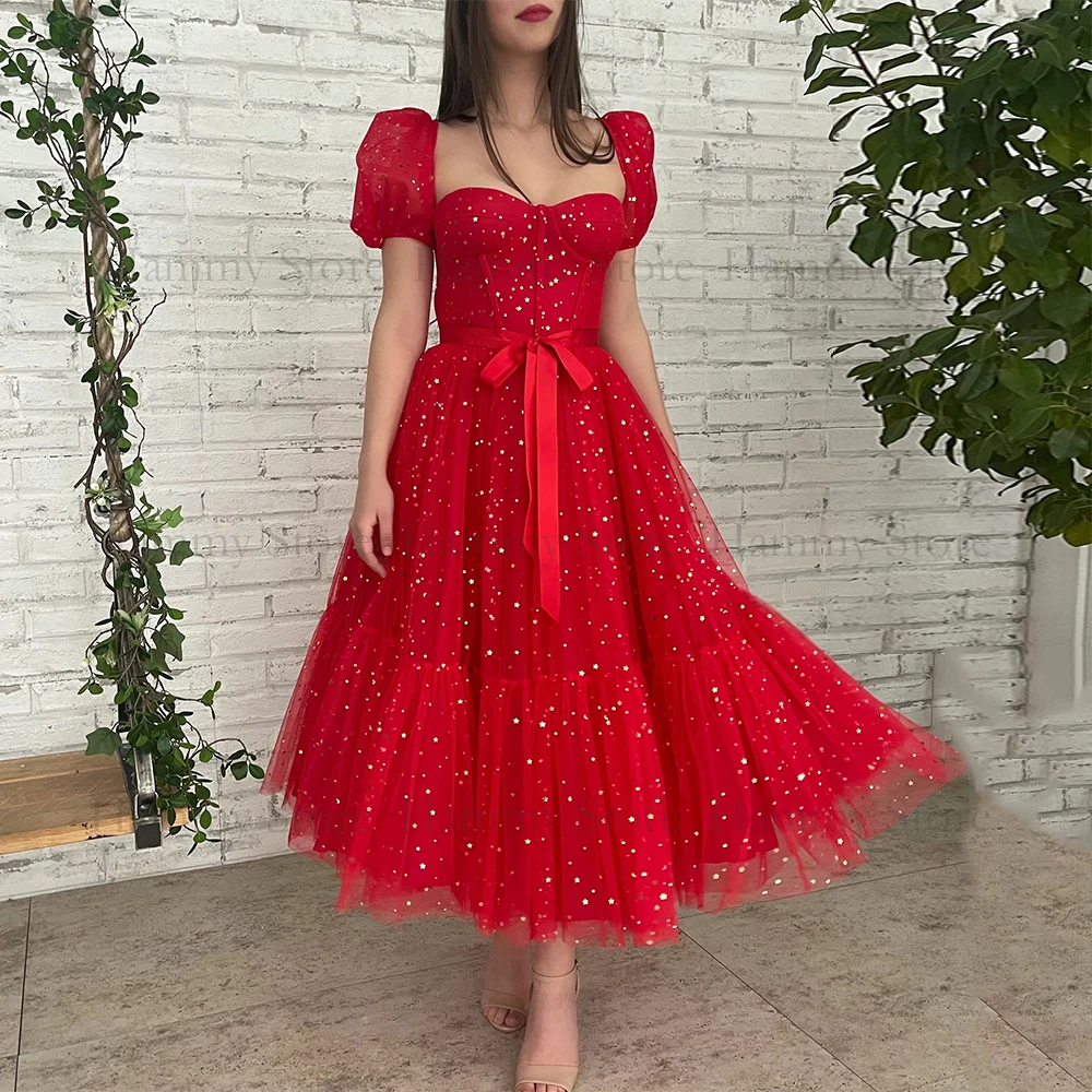 

Red Cocktail Dress Sweetheart Short Sleeves Glitter Star Graduation Homecoming Gown Tea Length A Line Evening Party Dresses