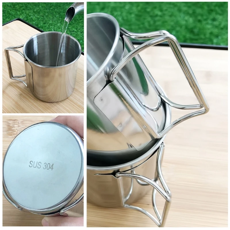

Camping Cup Stainless Steel Pot Portable Water Mug Cup with Foldable Handle 220/330/500ml Camping Hiking Mug Beer-Cup