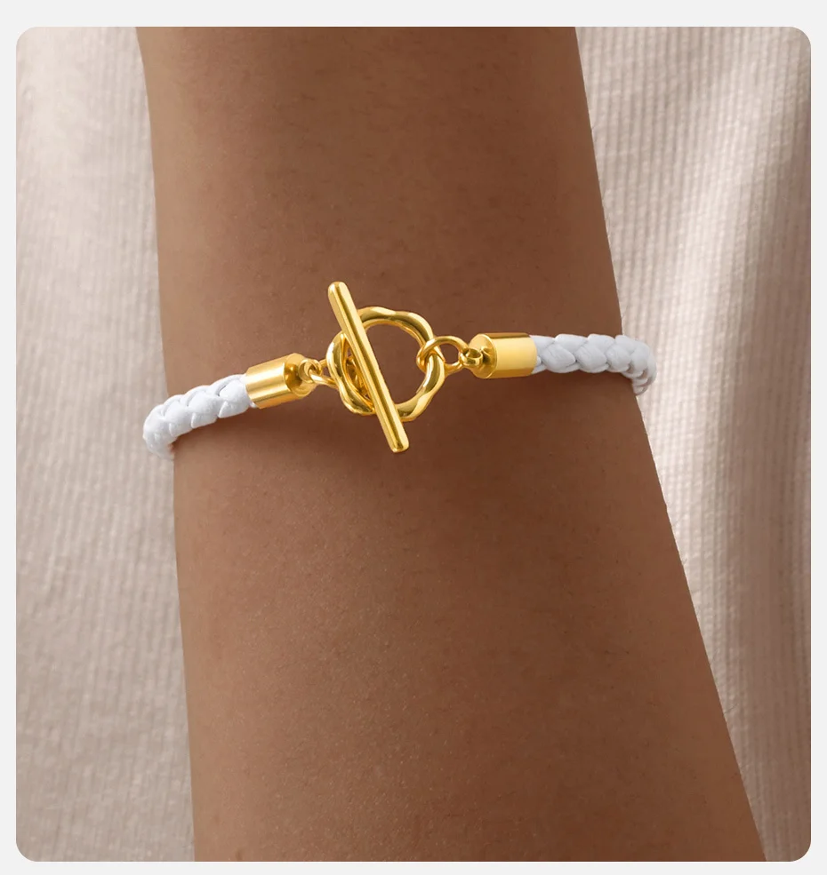 Vnox Damen-Armband, trendiges geflochtenes Lederarmband, weißes Seil, Edelstahl, goldfarben, OT-Schloss-Armband, modischer Damenschmuck – Detail 3