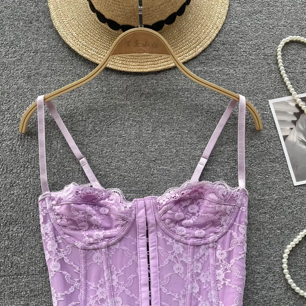 Frau Skinny Rückenfreies Leibchen Mehrfarbige Stickerei Tank Tops Spicy Girls Spitze Spaghettiträger Top Fishbone Tanks – Detail 7