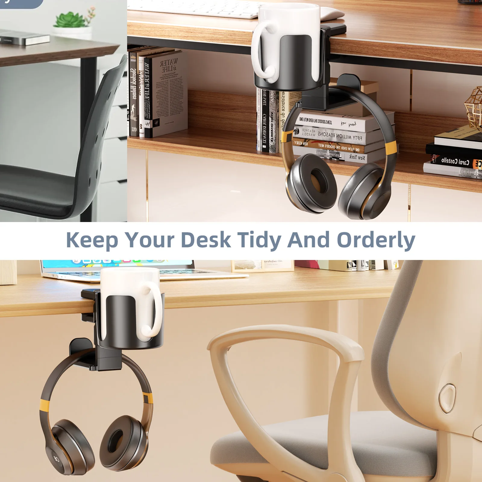 1PCS 2 in 1 Headphone & Cup Holder Table Edge Adjustable Stable Stand Game Sports Headset Mount Beverage Storage for Home Use