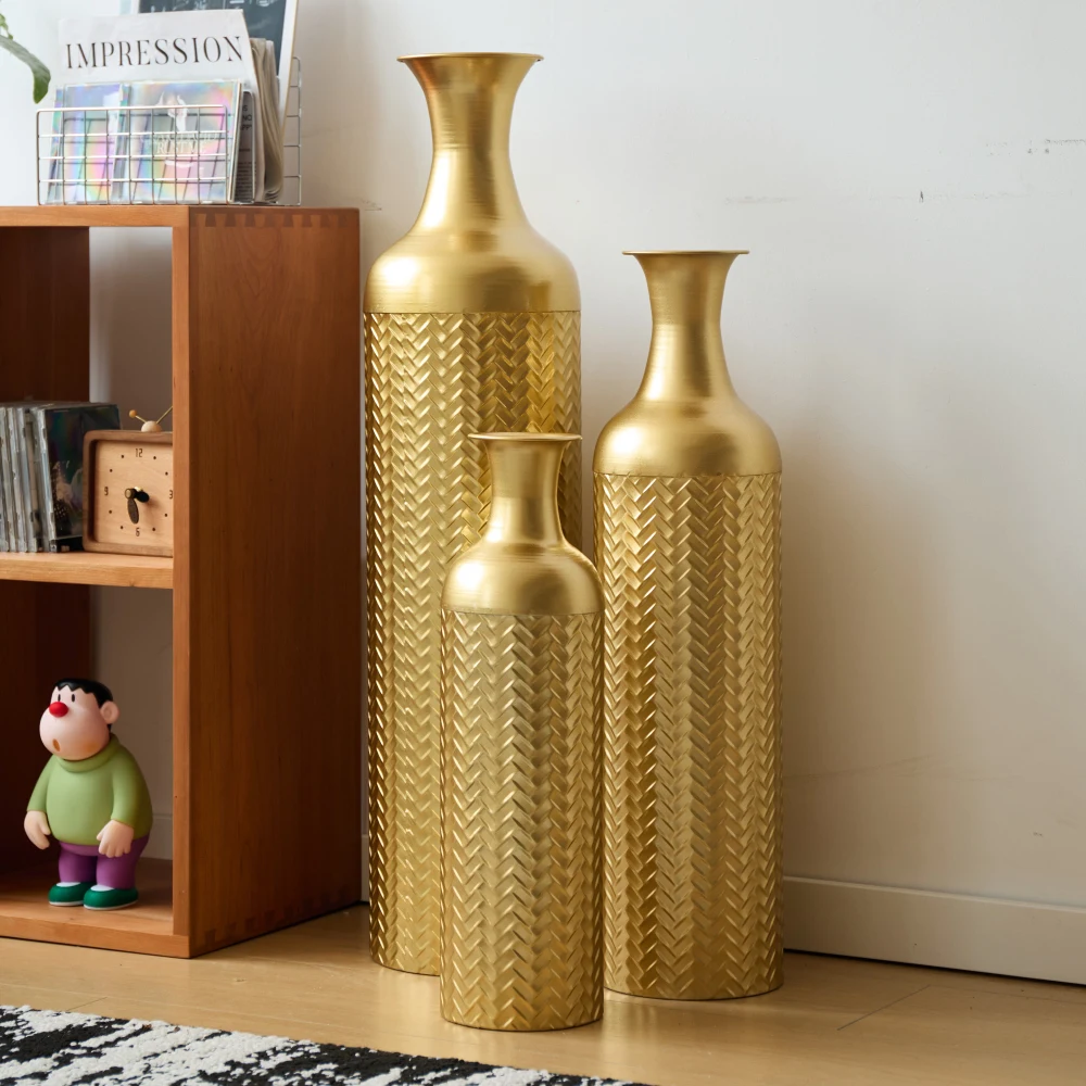 3-goldenes großes Bodenvasen-Set aus Metall (83/65/50 cm) – Retro-hohe dekorative Vasen für Wohnzimmer/Schlafzimmer, perfekt für Pampas-Zweige – Detail 9