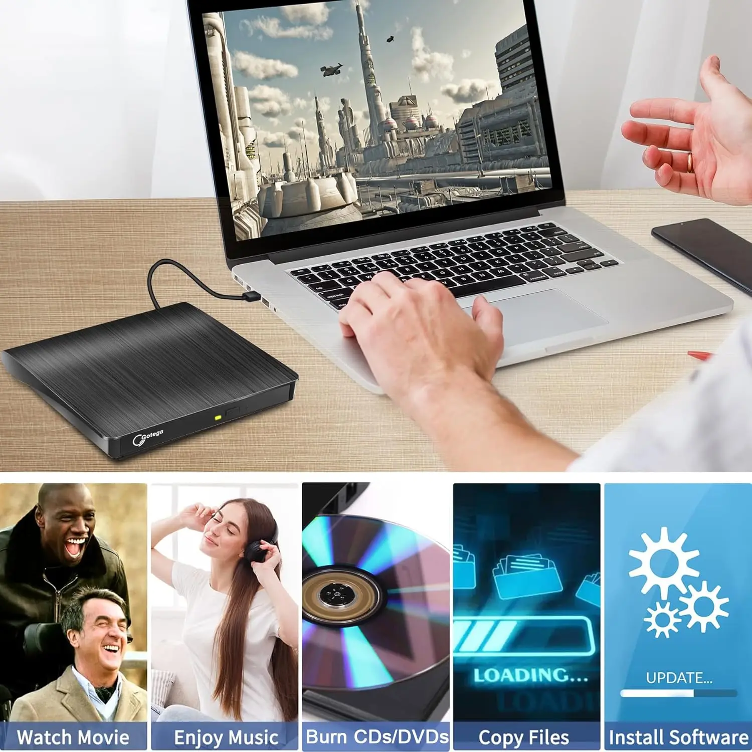 External DVD Drive USB 3.0 Portable +/-RW, CD ROM Burner for Laptop Desktop PC Windows Linux Mac Black 6