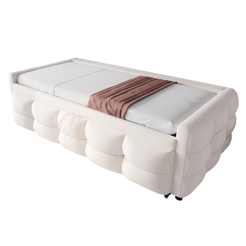 90/180x190cm Ausziehbares Schlafsofa, Samt-Puff-Stoff, umwandelbares Einzel-/Doppelbett, multifunktionales Tagesbett mit Tafel, platzsparende Couch (Matratze nicht enthalten) – Detail 25