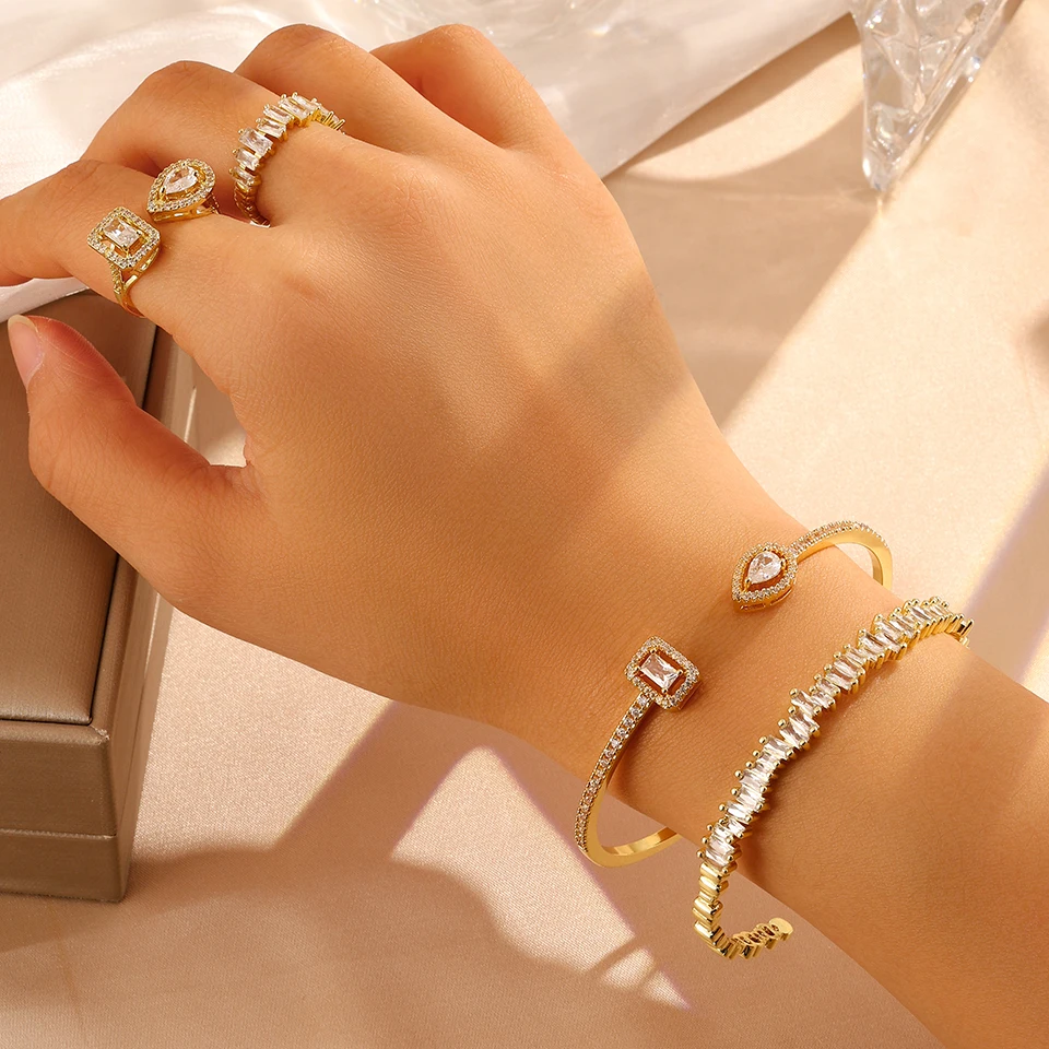 ZAKOL 4/2pcs AAA Cubic Zirconia Adjustable Open Bangles Rings for Women Shiny Geometric CZ Wedding Party Jewelry 3