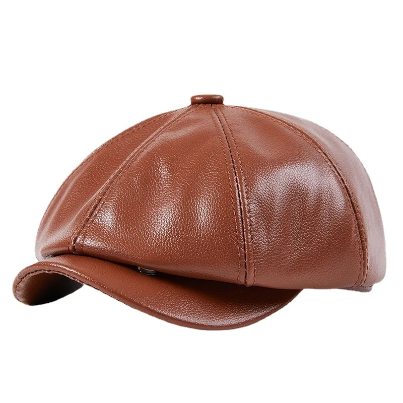 Cowhide Genuine Leather Retro Brown Men's Warm Cap - Spring/Winter Beret Style