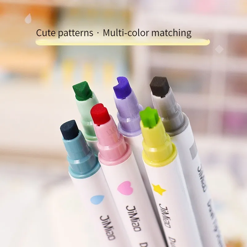 6 Colors Stamp Double Headed Art Markers Highlighter Pen Star/Heart/Moon/Drop/Square for Scrapbook Diary Poster Christmas Card 2