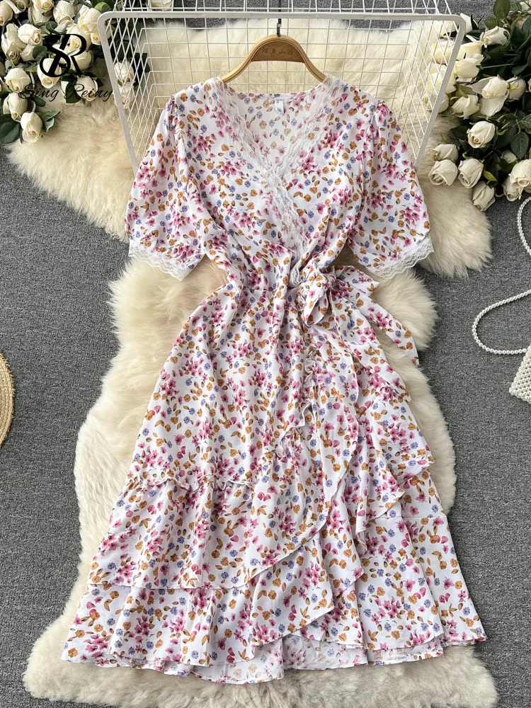 SINGREINY Summer Chiffon Floral Dress Women V neck Lace Bow Sweet Party Sundress Ladies Korean Print Flower Beach Midi Dress sheer bathing suit cover up