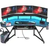 72" Gaming Desk with Power Outlet & Led Strip, Large Wing-Shaped Computer Desk W Monitor Stand 1