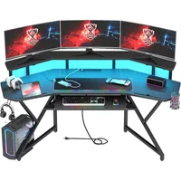 72" Gaming Desk with Power Outlet & Led Strip, Large Wing-Shaped Computer Desk W Monitor Stand 1