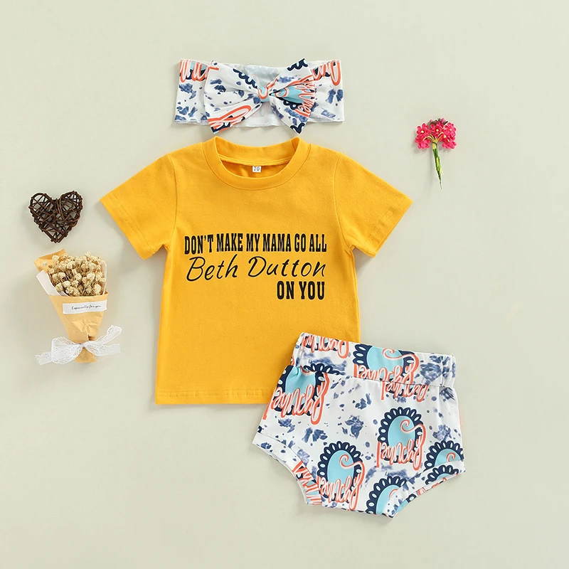 Boiiwant 0-24M Infant Baby Girls Summer Outfit Casual Letter Print Short Sleeve T-Shirt Tops Elastic Waist Shorts Sets Headband |