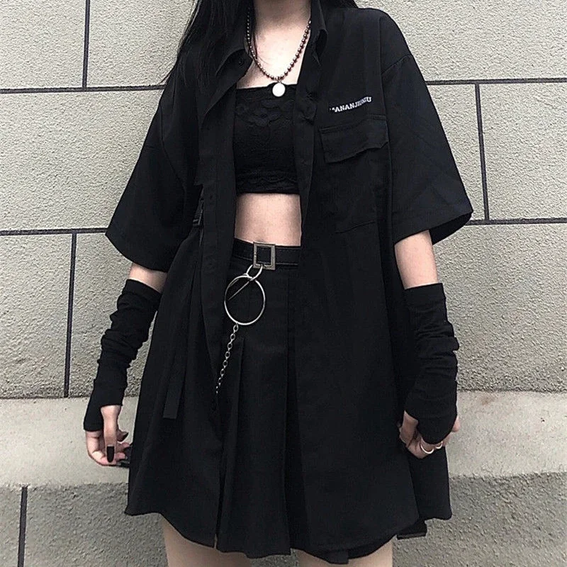 Vintage Loose Solid BF Gothic Two Piece Set Women Summer