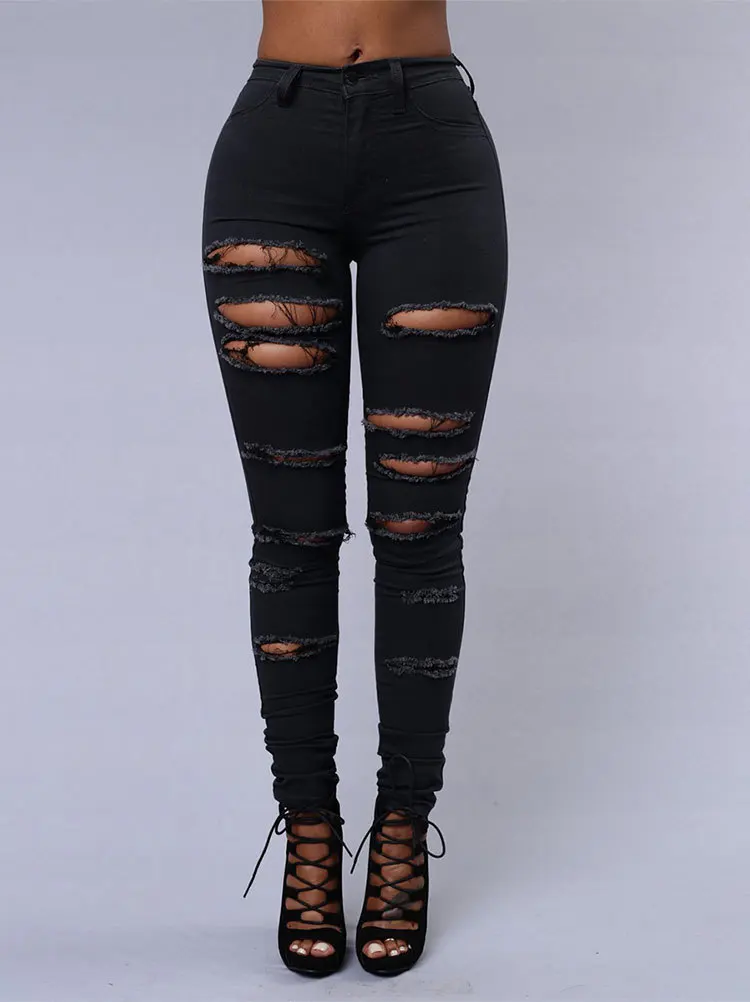 New Spring Summer Elastic Trousers Black and White Ripped Jeans Fashion Sexy Skinny Denim Pencil Pants S-3XL Drop Shipping 2