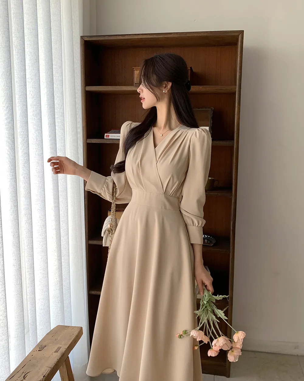 Korean Fashion Autumn Midi Dresses for Women Long Sleeves V-neck A-line Solid Casual Dress Office Lady Clothing New