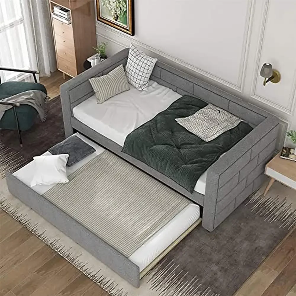 Upholstered Twin Daybed Frame with Trundle Bed Padded Back and Sides Wood Construction No Box Spring Needed Gray Color Sturdy