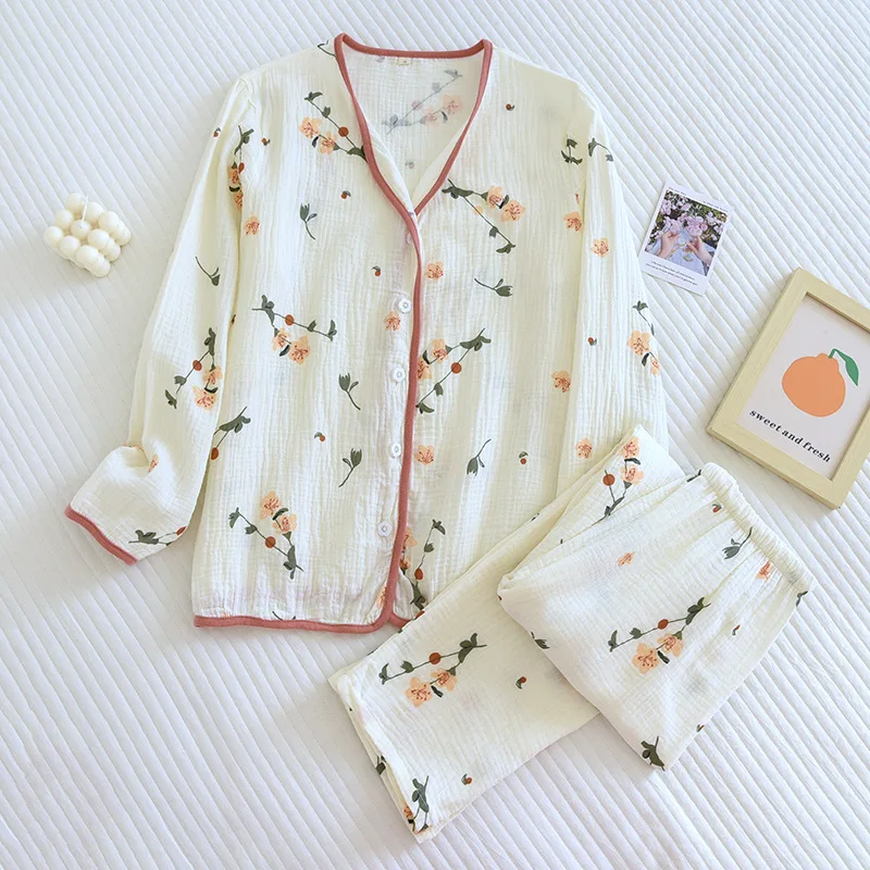 New Sleepwear Gauze Cotton Pajamas For Women Floral Long Sleeve Loungewear 2023 Spring Fashion Home Clothing Homewear