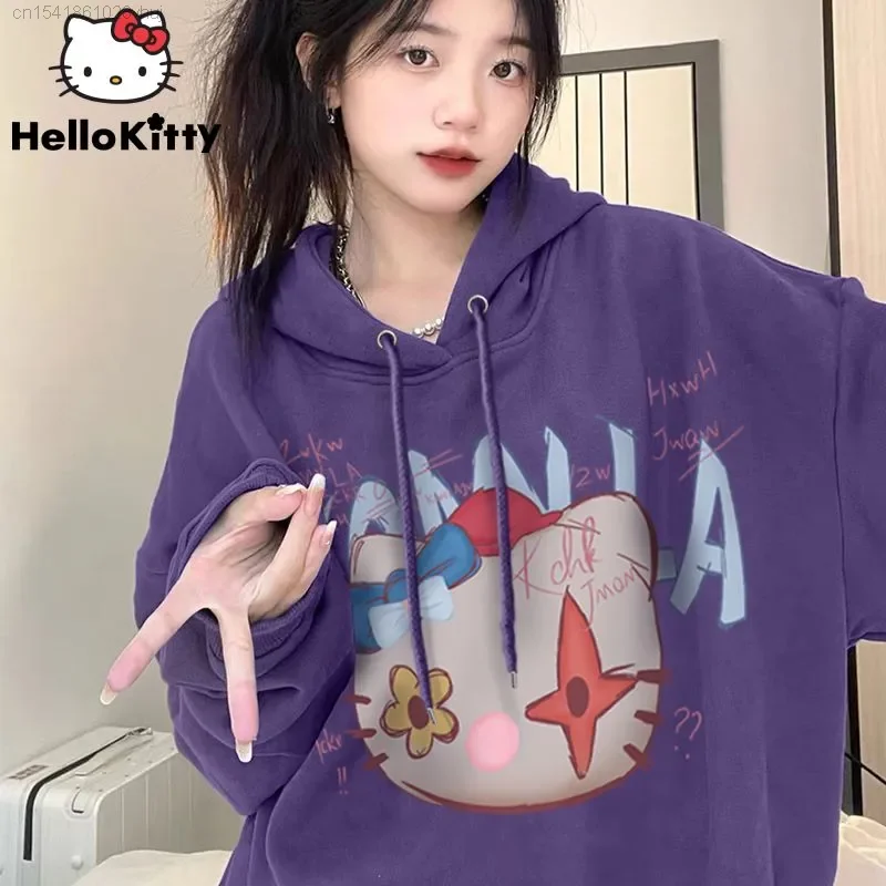 

Sanrio Hello Kitty Campus Style New Fashion Purple Pulovers Hoodie Y2k Girls Hip Hop Casual White Goth Streetwear Clothes Korean