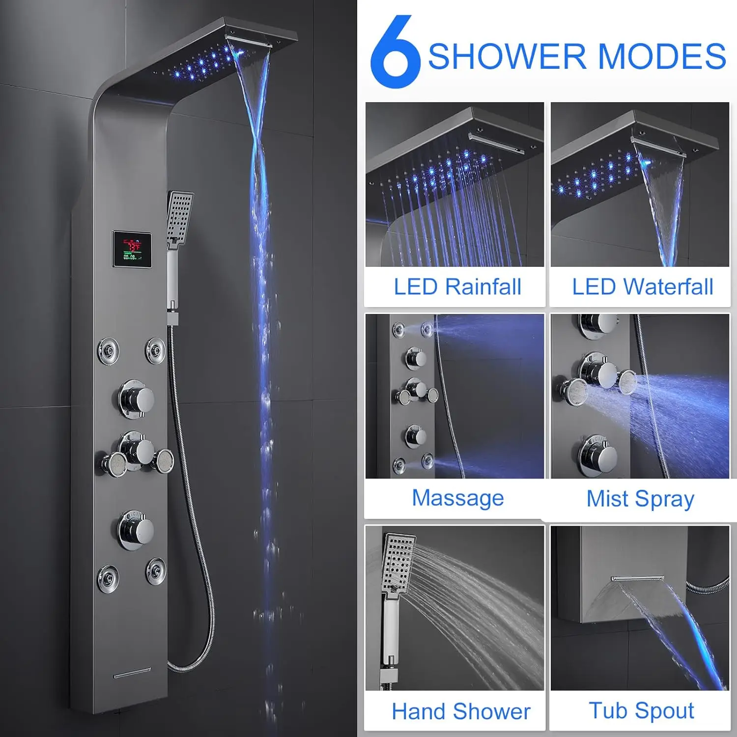 LED Lights Shower Panels Tower System 304 Stainless Steel Bathroom Shower Tower Column System Rainfall & Waterfall Shower Head 4