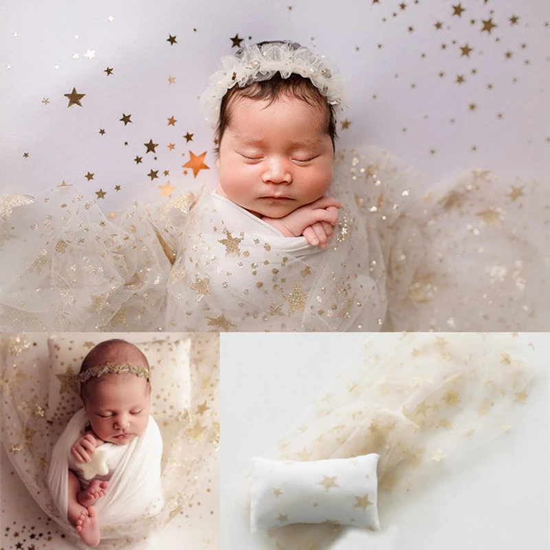 Dvotinst Newborn Baby Photography Props Blingbling Stars Wrap Starry Galaxy Ultra-thin Mesh Wraps Pillow 2pcs Photo Shoot Props