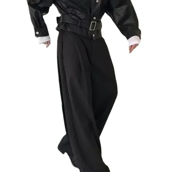Men's Spring Season Japanese Style Casual Suit Pants Loose Fit Straight Leg Wide Leg Long Pants Luxury Draped Trousers Black 4