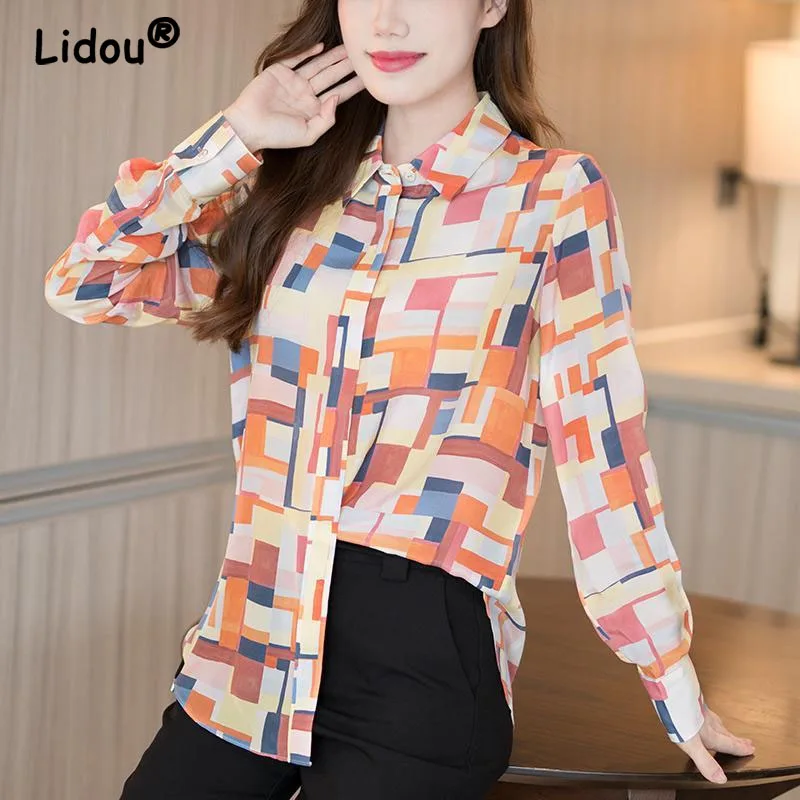 Vintage Hong Kong Style Spring Autumn Long Sleeve Shirt Women's 2023 New Fashionable Contrast Plaid Polo Chiffon Shirt
