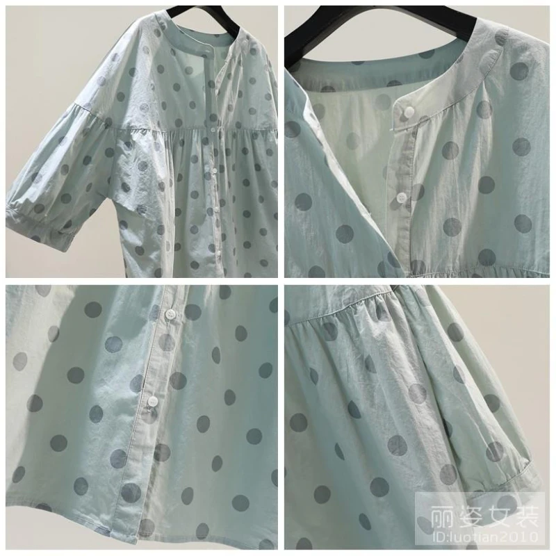 New Summer Women's Short-sleeved Round Neck Three-quarter Sleeve Patchwork Single-breasted Polka Dot Print Loose Korean Shirt