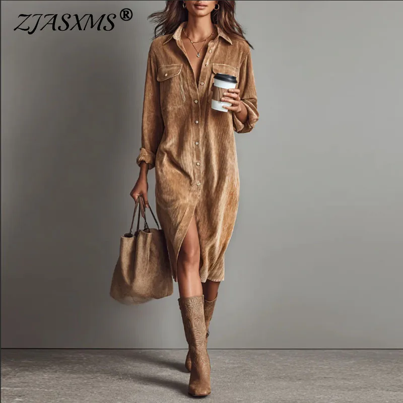 Fall Retro Solid Ribbed Corduroy Dress Woman Elegant Single Breasted Lapel  Shirt Dresses Winter Long Sleeve Slit Female Clothing - AliExpress 200000345