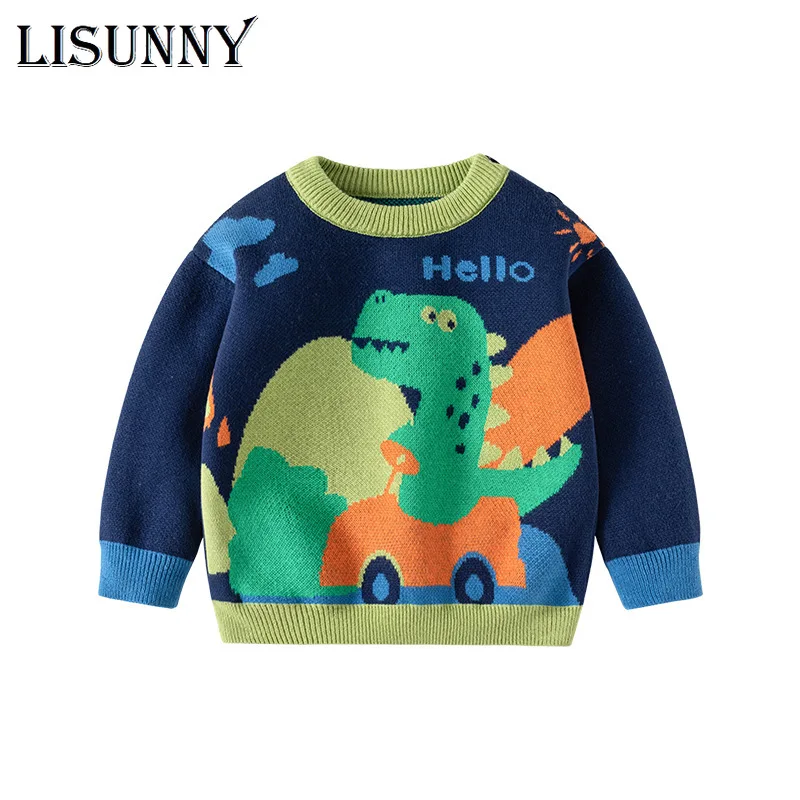 

2024 Autumn Winter Children Kids Sweater Boy Sweaters O-Neck Jumper Baby Pullover Cartoon Dinosaur Toddler Clothes 1T-6T Cotton