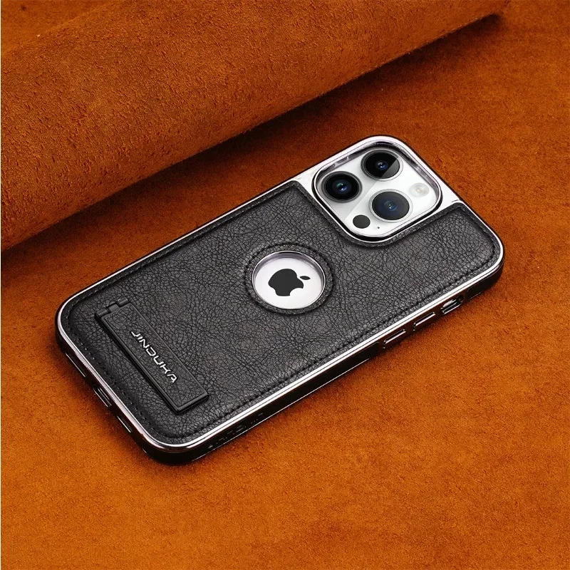 Sleek Electroplated Bezel Phone Case with Invisible Fold Stand and Ultra-Thin PU Leather Cover