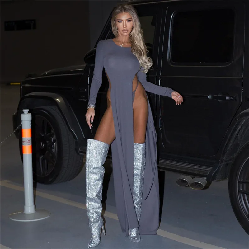 

Женское ажурное платье макси с высоким разрезом, накидка с длинным рукавом, осень 2023, привлекательная модная женская одежда, хипстерское праздничное платье Y2K, уличная одежда