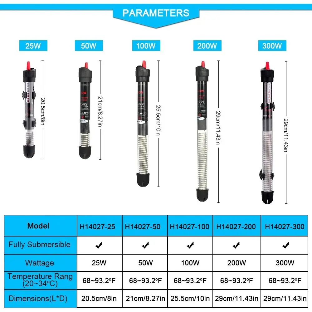 110V/220V Adjustable Temperature Thermostat Heater Rod 25W/50W/100W/200W/300W Submersible Heater Aquarium Fish Tank 5