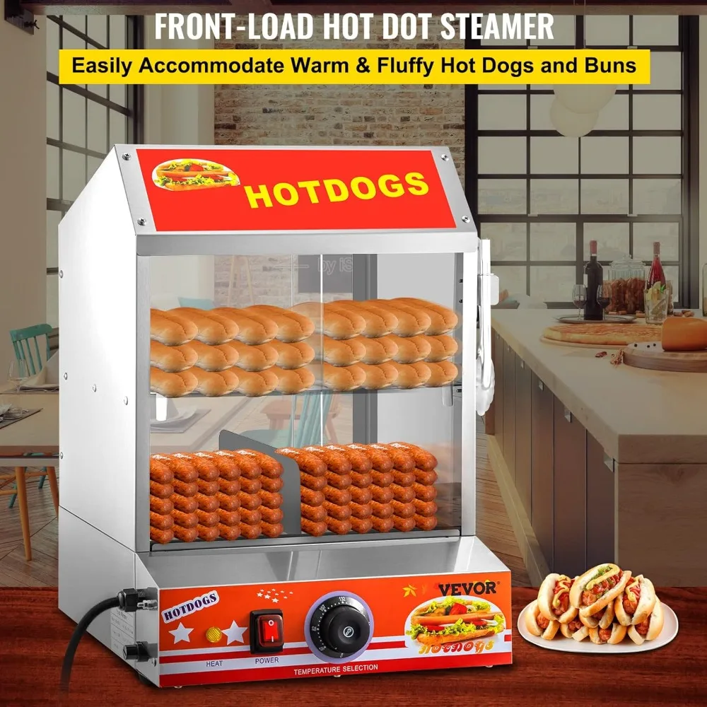 Hot Dog Steamer, 27L/24.52Qt, 2-Tier Hut Steamer for 175 Hot Dogs & 40 Buns, Electric Bun Warmer Cooker with Tempered