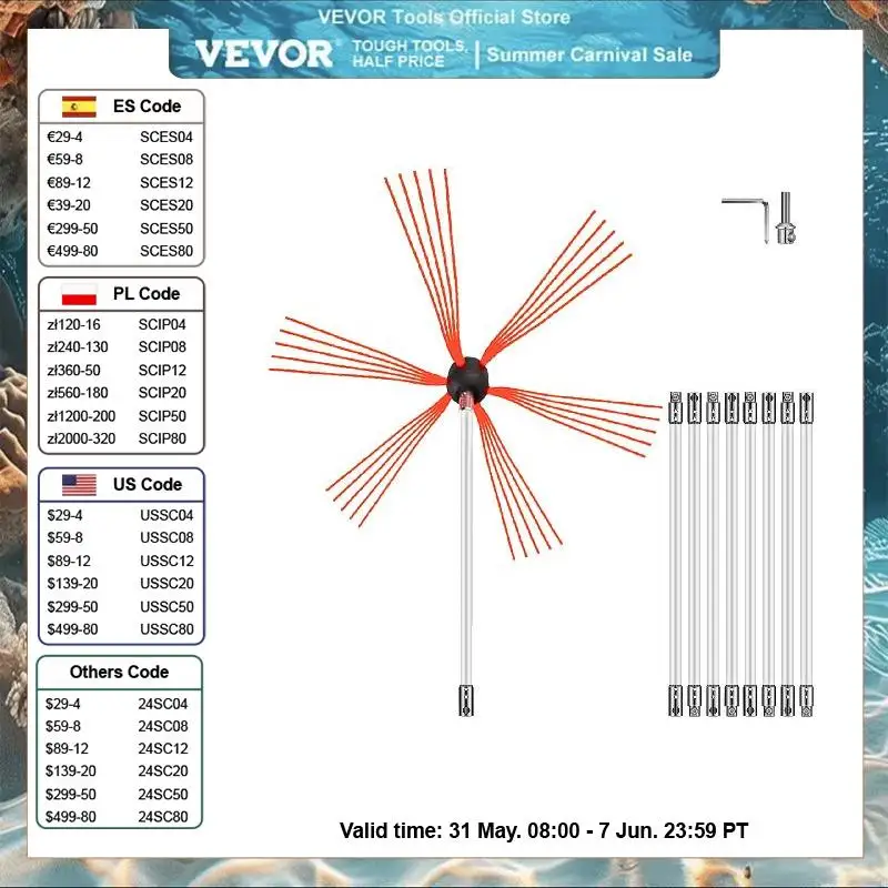 VEVOR Spazzacamino 9M Set di Spazzole per Camino Kit Pulizia Camino Spazzola Camino Facile da Collegare con 9 Aste Bianche con 1 Testina