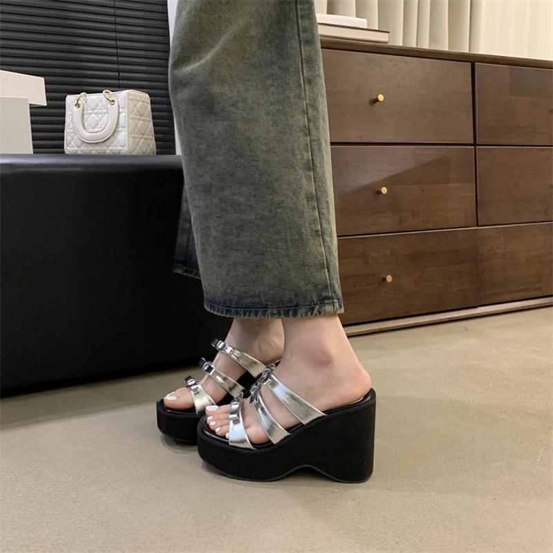 

White Wedges Slippers Women Platform High Heels Summer Ladies Sandals 2024 Black Belt Bow Outdoor Wedge Shoes Zapatillas Mujer