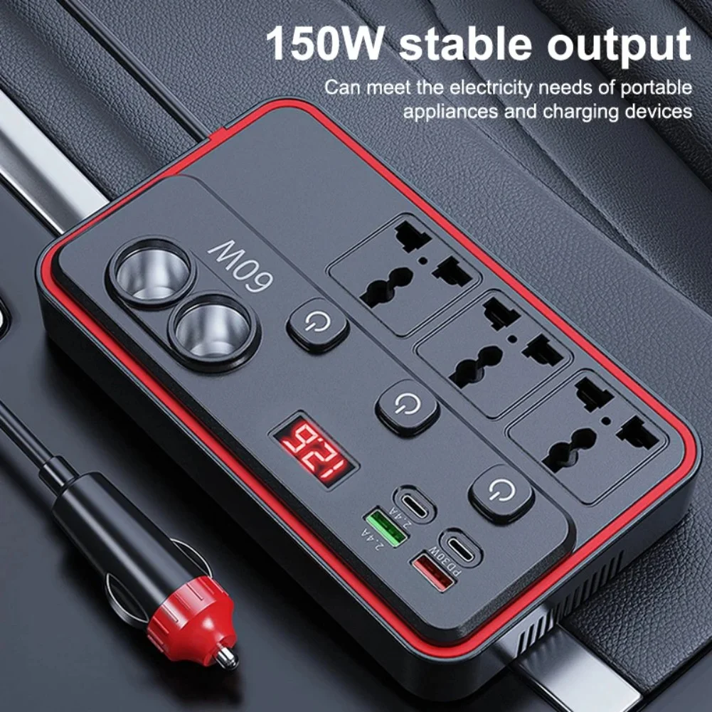 150W 차량용 인버터 12V 24V DC-220V AC 변환기 LED 전압 모니터 포함 3개 AC 포트, 2개 USB 포트, 2개 USB C 포트 (차량 내 사용)