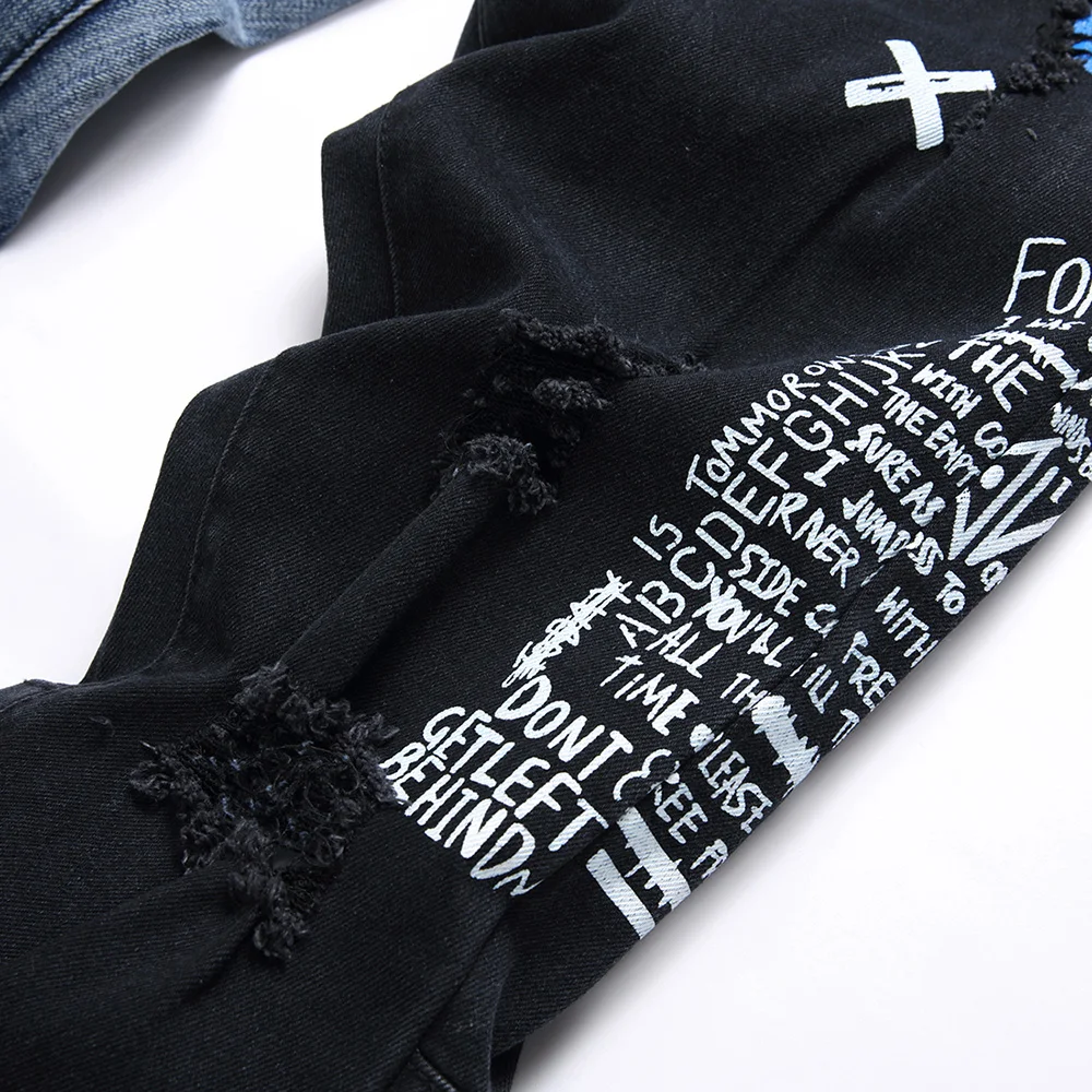 Men Spliced Stretch Denim Jeans Streetwear Punk Check Print Rivet Pants Holes Ripped Distressed Letters Painted Trousers
