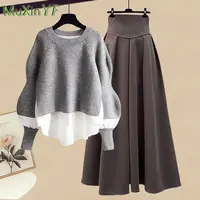 2026 Spring/Autumn New Korean Elegant Splice Fake Two Piece Knitted Sweater Dress Matching Set Women's Chic Pullover Skirt Set - Image 4