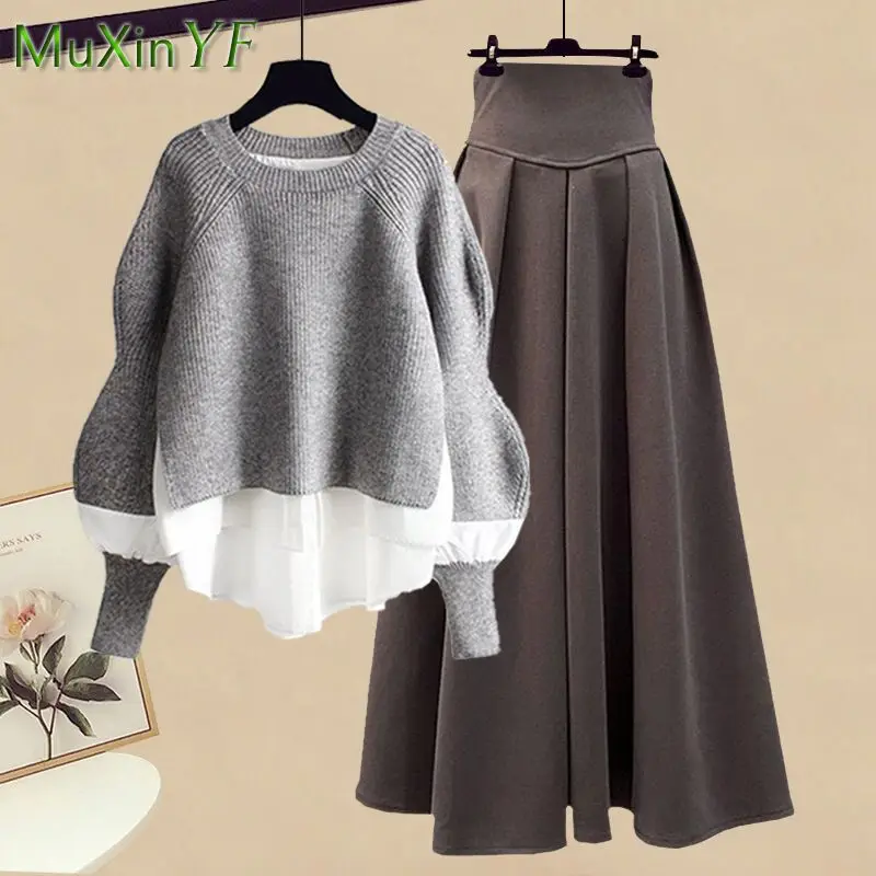2025 Spring/Autumn New Korean Elegant Splice Fake Two Piece Knitted Sweater Dress Matching Set Women's Chic Pullover Skirt Set 4