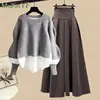 2025 Spring/Autumn New Korean Elegant Splice Fake Two Piece Knitted Sweater Dress Matching Set Women's Chic Pullover Skirt Set 4
