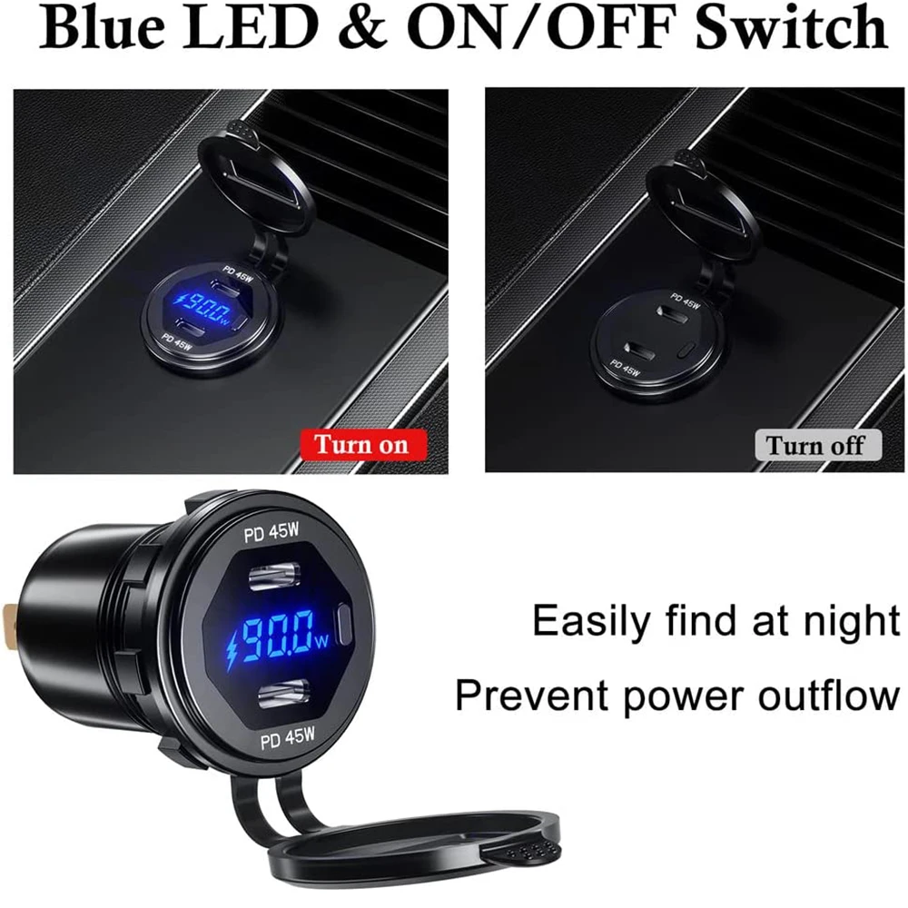 Caricabatteria da auto a ricarica rapida da 90 W Porta PD Interruttore di ricarica rapida ON/OFF Caricatore del telefono Display a LED Adattatore di alimentazione 12 V 24 V per auto Barca RV - Image 4
