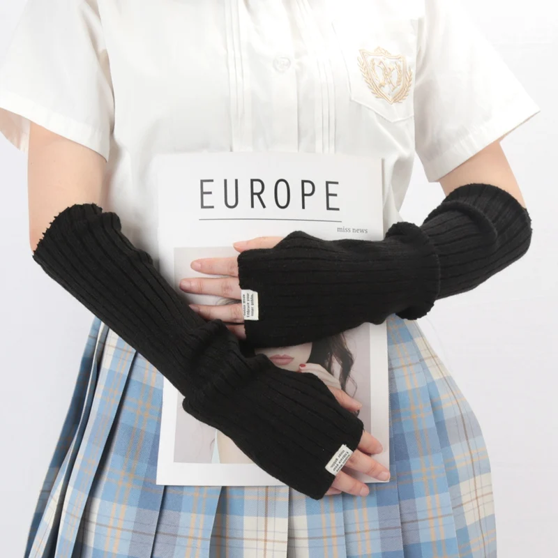 Women's Knitted Fingerless Arm Sleeves Gothic Style Solid Color Winter Long Arm Warmers Girls Harajuku Y2K Fashion Wrist Gloves